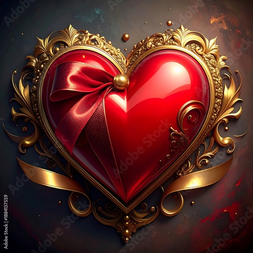 Ornate gold frame encases a glossy red heart adorned with a red ribbon against a dark, speckled backdrop