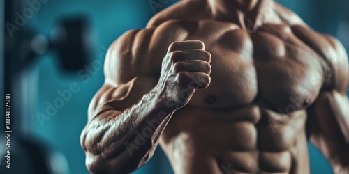 A man with well-defined muscles in a gym setting. He is making a fist and appears ready to punch.