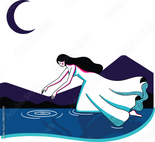 La Llorona river night illustration featuring the weeping woman ghost in a white dress by the water under a crescent moon for Mexican folklore and spooky legend vector icon design