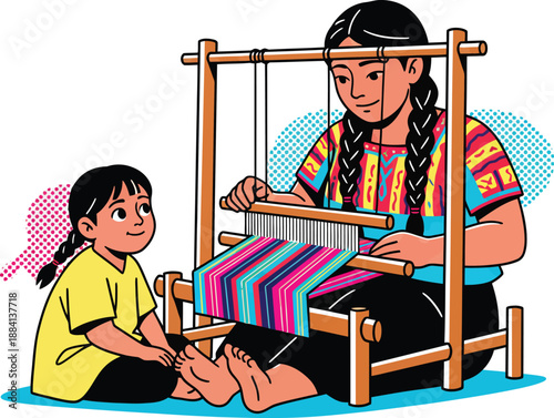 Mexican indigenous woman weaving traditional textile on a backstrap loom with a young girl watching for cultural heritage education and artisan craft storytelling vector illustration icon