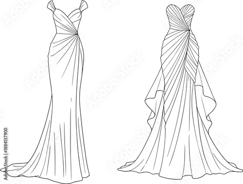 Elegant evening gown fashion flat sketch vector illustration, long dress front back view, draped fabric, bridal apparel design
