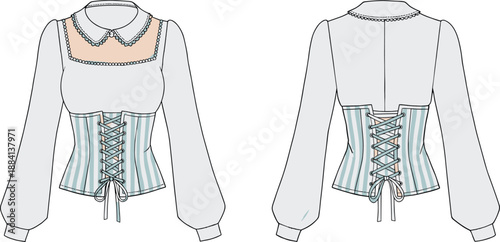 Victorian inspired women corset blouse fashion flat vector front back view lace up waist design illustration technical drawing apparel template
