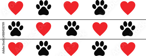 Pet love pattern border vector with paw prints and hearts for decoration banner wrapping and background design
