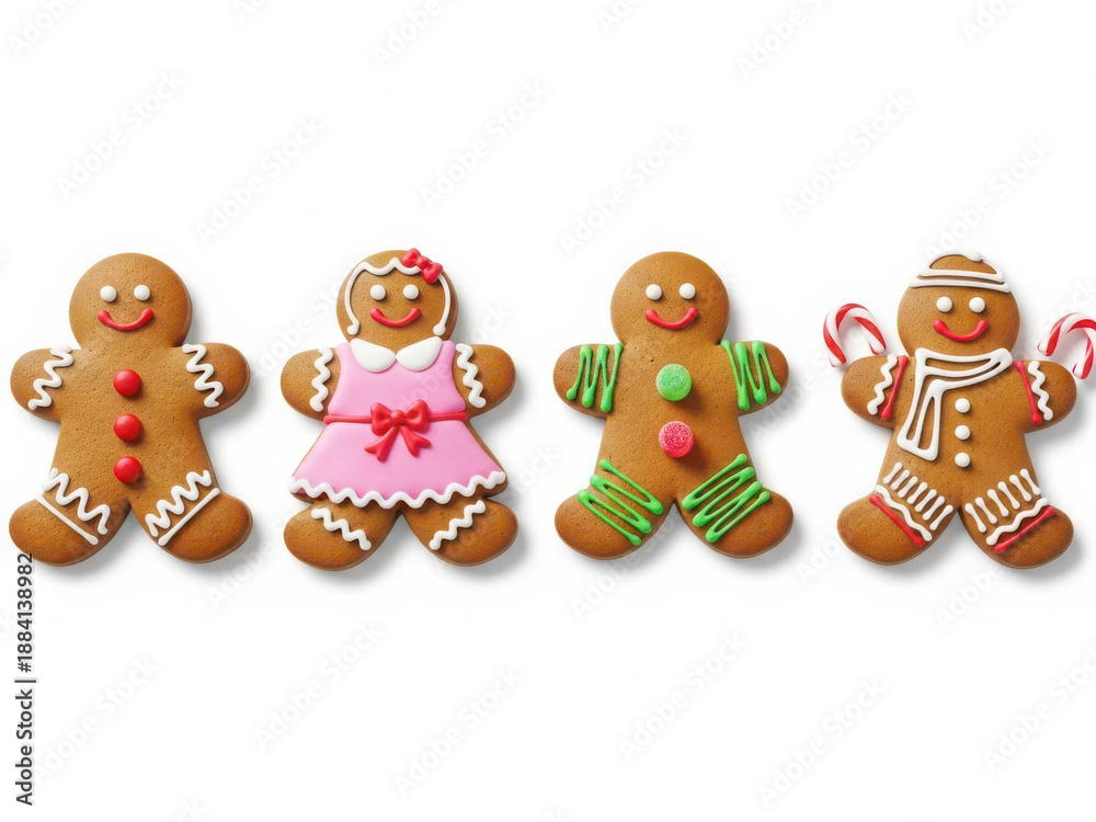Fototapeta premium Four decorated gingerbread people cookies holiday
