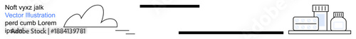 Cloud computing, data storage, healthcare, digital services, online pharmacy, minimal design. A cloud with a line and healthcare-related product silos. Cloud computing and data storage concept
