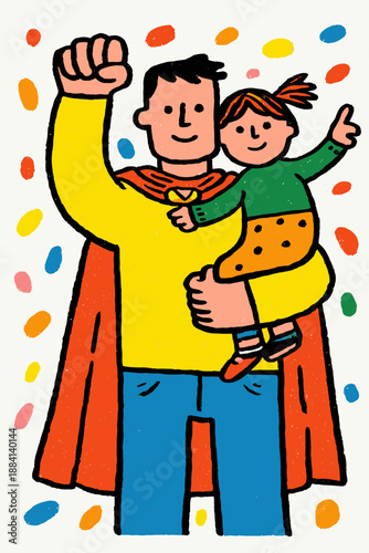 Hand Drawn Style Art of Dad Wearing Red Cape Holding Daughter