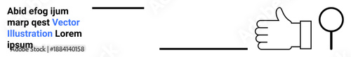 Communication, search, feedback, approval, analysis, user interaction. Text block, a thumbs-up gesture icon and a magnifying glass. Communication and search conceptual design elements
