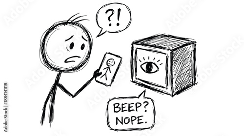 Cartoon character looking confused at security scanner with photo  