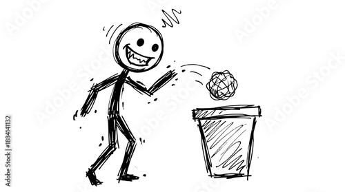 Stick figure throwing paper ball into trash can with smile  