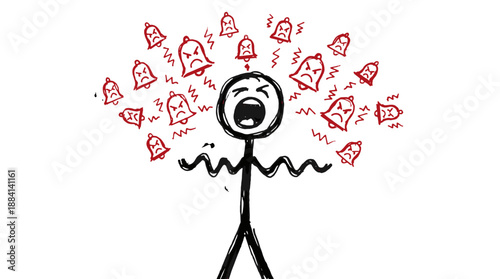 Stick figure overwhelmed by notification alerts in playful illustration  