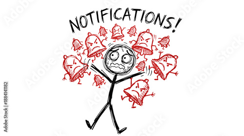 Stick figure overwhelmed by notifications in chaotic doodle style  