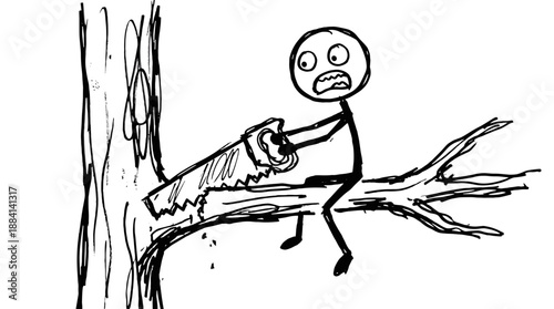 Stick figure sawing a branch while sitting on it  