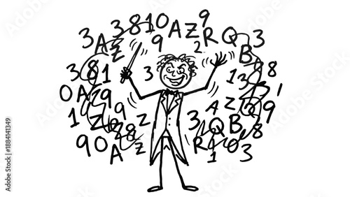 Chaos conductor surrounded by numbers and letters in doodle style  
