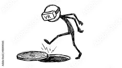 Stick figure about to fall into a manhole while wearing VR headset  
