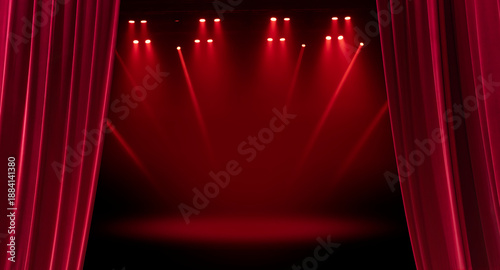 Open the curtain for a stage performance. velvet red stage curtain backdrop with a bright spotlight for a theater cinema show or luxury entertainment event performance