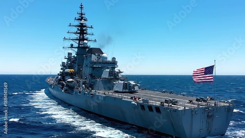 United States Navy Guided Missile Destroyer Sailing in Open Ocean with American Flag, Modern Military Warship at Sea, USA Naval Defense Power