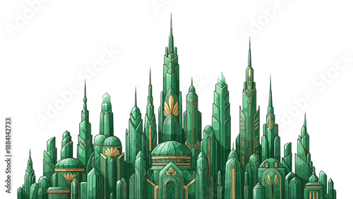 Futuristic emerald green city skyline with art deco architecture