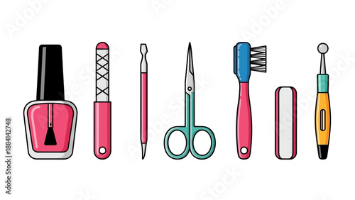 Colorful vector illustration of manicure tools on white background