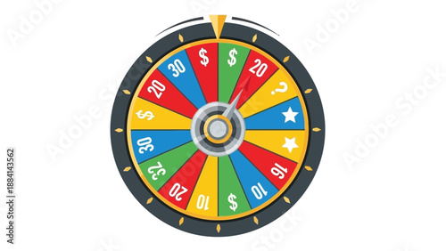 Colorful spinning wheel with numbers and symbols for games and prizes