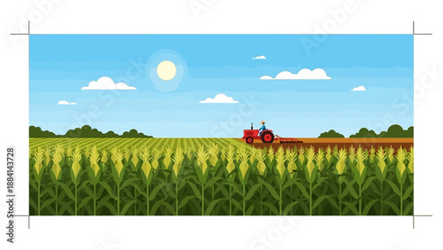 Farmer on red tractor working in sunny cornfield landscape