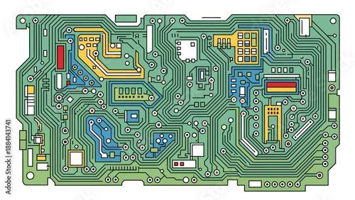 Colorful electronic circuit board with intricate patterns and components