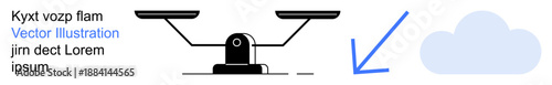 Decision making, digital storage, cloud computing, data transfer, balance, objectivity. A scale balances with a cloud and arrow nearby. Decision making and cloud computing concept