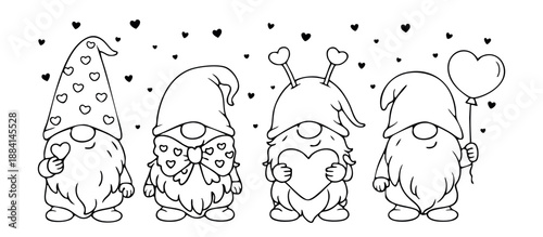 Cute gnome characters with romantic accessories in simple line art. Black and white vector illustration