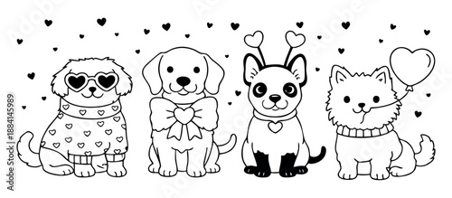 Adorable Valentine dogs dressed in cute accessories with hearts floating around. Black and white cartoon set line art vector illustartions