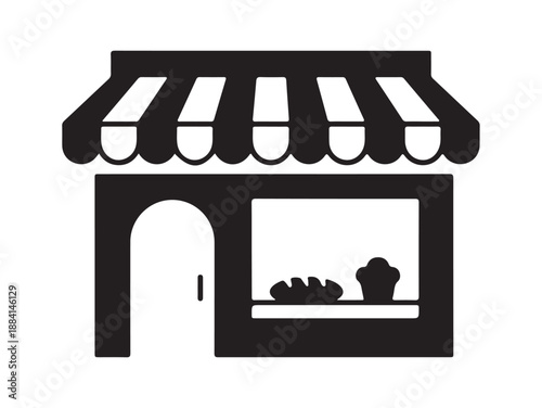 Minimalist vector illustration of a small shop with bread and a cupcake in the window display.