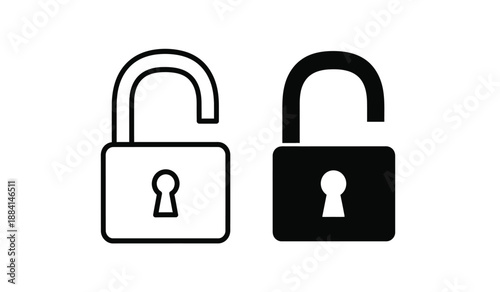 Two padlocks one open and one closed in black and white colors