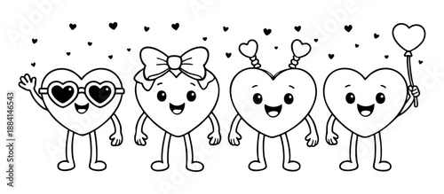 Cute Valentine heart characters line art illustration featuring four adorable smiling hearts with glasses, bow, antennae, and balloon in clean black outline. Perfect for coloring pages, kids crafts