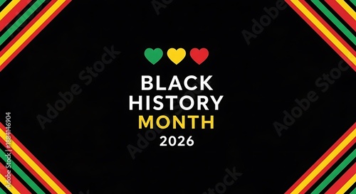 Bold Black History Month 2026 text with Pan-African striped corners on dark background.