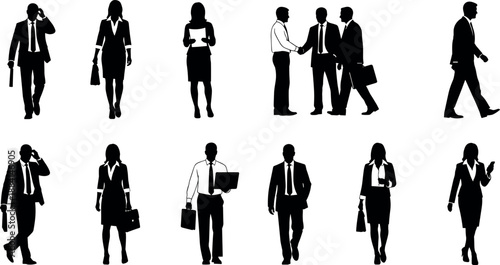 Professional Business People Silhouettes Set Featuring Corporate Executives Walking, Shaking Hands, Using Laptops, Talking on Phones, and Carrying Briefcases.