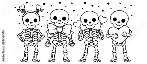Cute Valentine skeleton doodle set with heart balloons, bow, headband, and oversized heart in playful line art. 