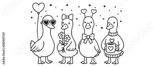 Cute four ducks dressed for love with hearts, bows, and cozy Valentine vibes. Black and white vector illustration line art style