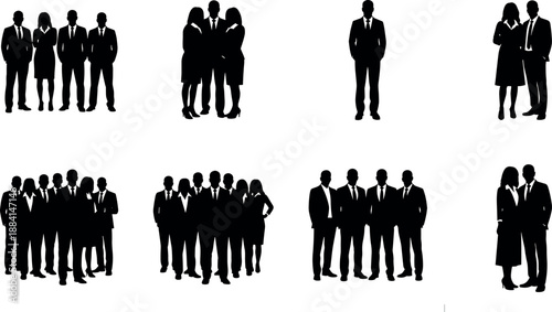 Professional business people silhouettes set featuring diverse corporate teams standing in formal suits for leadership and office workplace success concepts.
