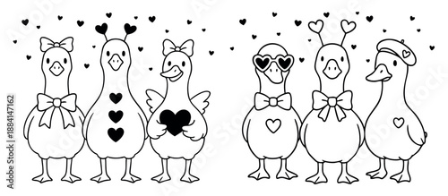 Cute Valentine goose featuring adorable geese with bows, heart glasses, antenna headbands, beret, and heart details. Black and white vector illustration line art style