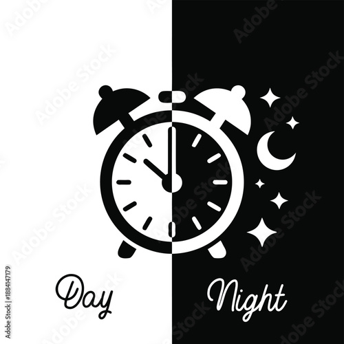 A split depiction of day and night featuring a clock with one side bright and the other dark alongside celestial symbols