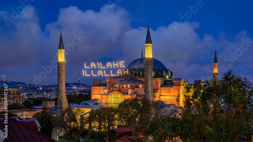 Fotografie Illuminated Hagia Sophia mosque with Ramadan mahya decoration, Istanbul, Turkey