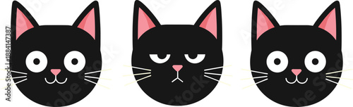 Cute Black Cat Face Expressions Vector Set with Minimal Cartoon Style for Emojis, Stickers, Icons, and Kids Designs