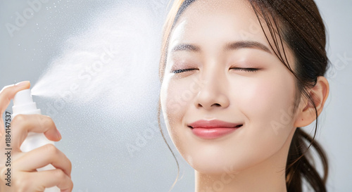 Beautiful Asian woman closing her eyes as she sprays facial mist onto her face, refreshing and hydrating skincare routine