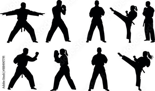 Professional Martial Arts Silhouette Collection Featuring Karate Fighters Taekwondo Kicking Poses Kung Fu Stances and Combat Sports Training Vector Illustration Set
