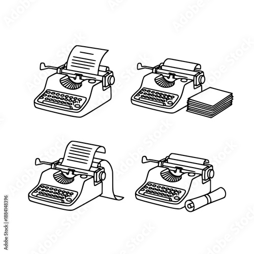 Vintage typewriter machine collection outline illustration set