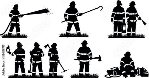 Set of Professional Firefighter Silhouettes in Turnout Gear Using Fire Hose Axes Pike Poles and Equipment for Rescue Service Illustrations