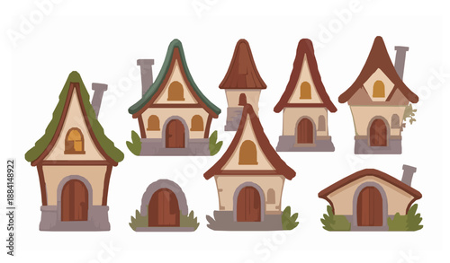 Whimsical fairytale house vector set fantasy village illustration for gnome and elf