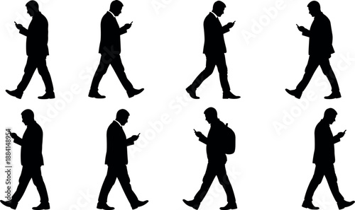 Side view silhouette set of businessmen walking while using smartphones looking down at screens isolated on white background vector illustration
