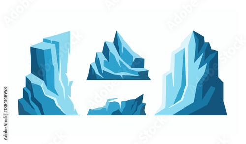 Flat vector iceberg and icy cliff set frozen ice elements for game design