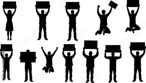 Silhouette Collection of People Holding Blank Signs and Banners for Protest Activism Demonstration or Celebration Victory Isolated on White Background