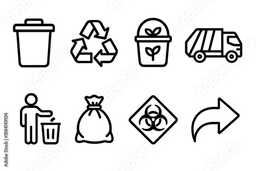 Waste Management Icons. Waste Management set in outline vector style: trash bin, recycling symbol, compost bucket, disposal truck, waste segregation icon, garbage bag, hazard label, collection arrow