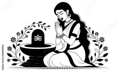 Indian woman praying to Shiva Lingam vector illustration, Hindu devotee in saree worshipping Shivling with folded hands, spiritual meditation and floral line art, religious concept on white